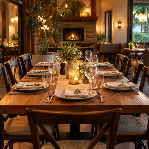 Illustrative casual restaurant with a table set for group dining.