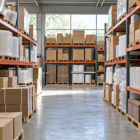 Illustrative materials warehouse with shelves of boxes and packing supplies.