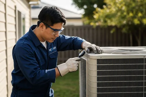 HVAC technician servicing an outdoor air conditioning unit.